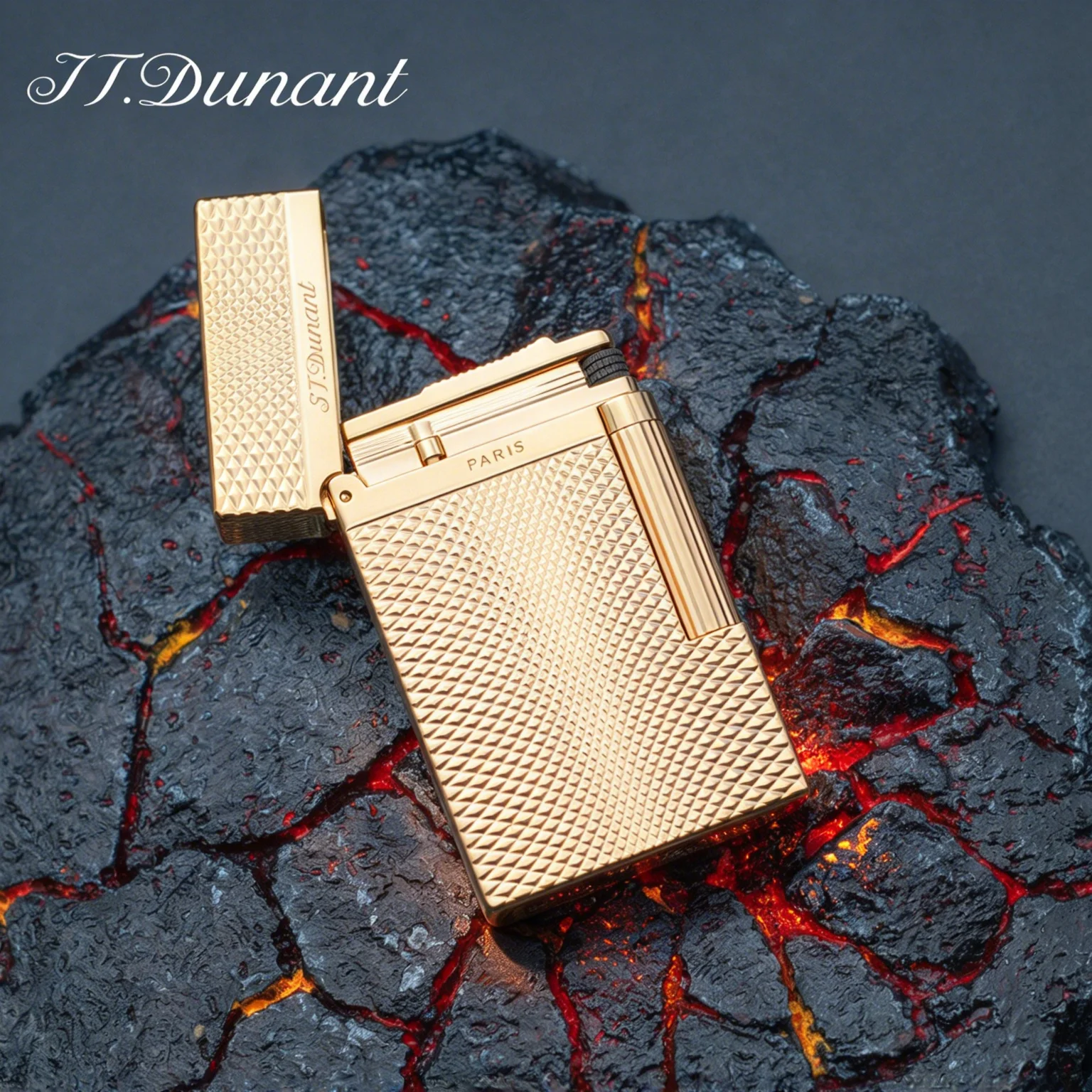 JT.Dunant Lighter Twisted Grid Diamond Pattern Metal Ding Sound Refillable Butane Gas Lighter Luxury Men Smoking Gift