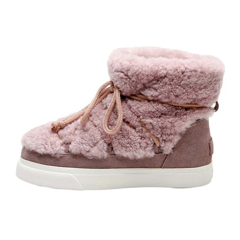 Women Ankle Boots SmallHut Winter Nature Suede Flat Shoes Elegant Ladies Beige Pink Lace Up Round Toe Wool Snow Boots