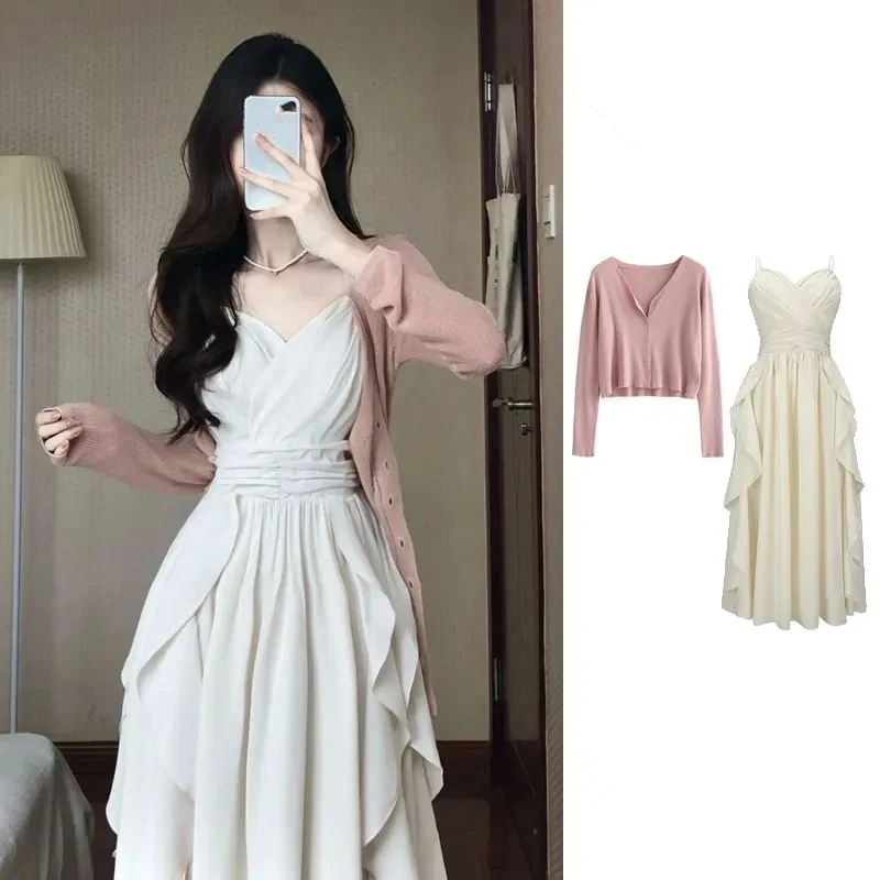 Women\'s Spring Summer Sweet Ruffle Dress Korean Lady Graceful Pink Thin Knit Coat Camisole Dresses Outfits 2023 New Matching Set