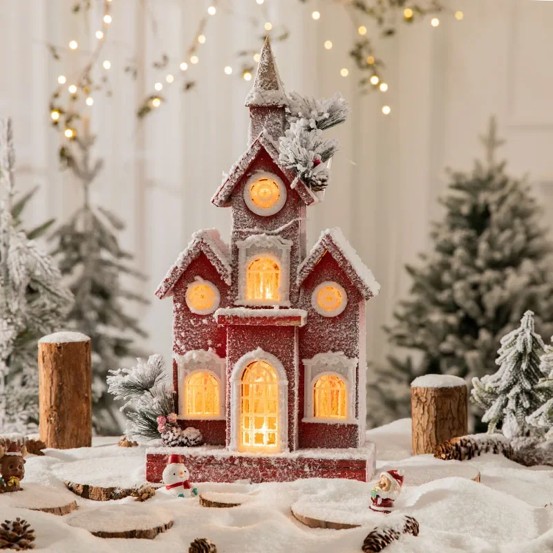 Christmas decoration Nordic retro wooden hut LED warm light desktop ornament atmosphere decoration snow house gift