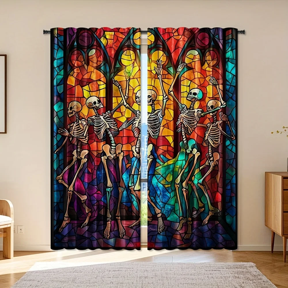 Gothic Skeleton Curtain Panels, Party Skeletons Color Mosaic Stained‑Glass Bold Tone Print Drapes for Halloween‑Style Apartment