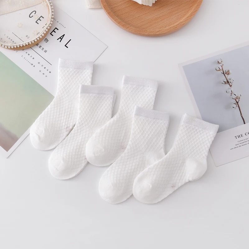 Children's Mesh Socks Medium Tube Pure Cotton Spring Summer Boys and Girls Thin White Socks Babies Breathable Socks 5Pairs