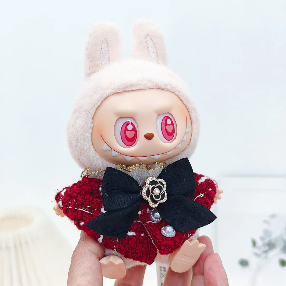 

17cm Labubu Doll Outfit Red Tweed Dress with Bow Flower Decor Fashion Costume Doll Kawaii Plush Doll Changing Clothes DIY Gift