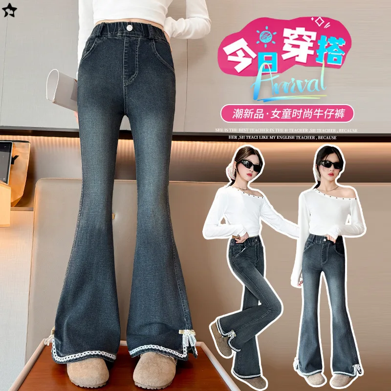

Girls' jeans, fitted stretch flared pants with decorative frayed hem, children's autumn micro-flare trousers, autumn long pants
