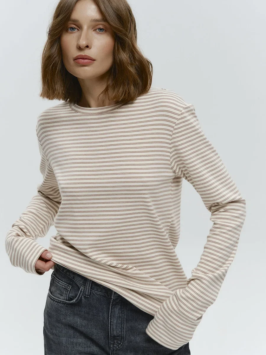 

Autumn New Fashion Women Cotton Striped Long Sleeve T Shirt Office Casual Simple Round Neck Pullover Tops & Tees