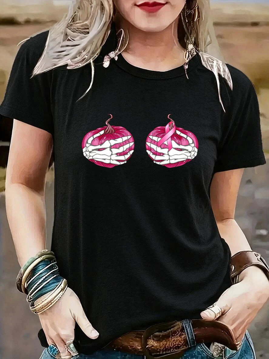 Women's International Breast Day Design Print Casual T-shirt Graphic Tee Tops Crew Neck Short Sleeve T Shirt Clothes Female Y2k