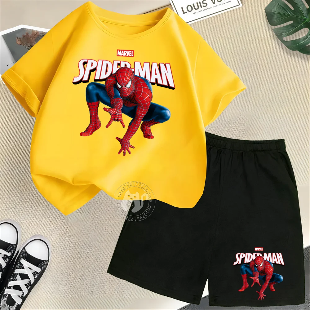 Kids 100% Cotton T-shirt Street Spider-Man Handsome Pose Printed Short Sleeve T-shirt + Shorts Boys girls casual summer suit