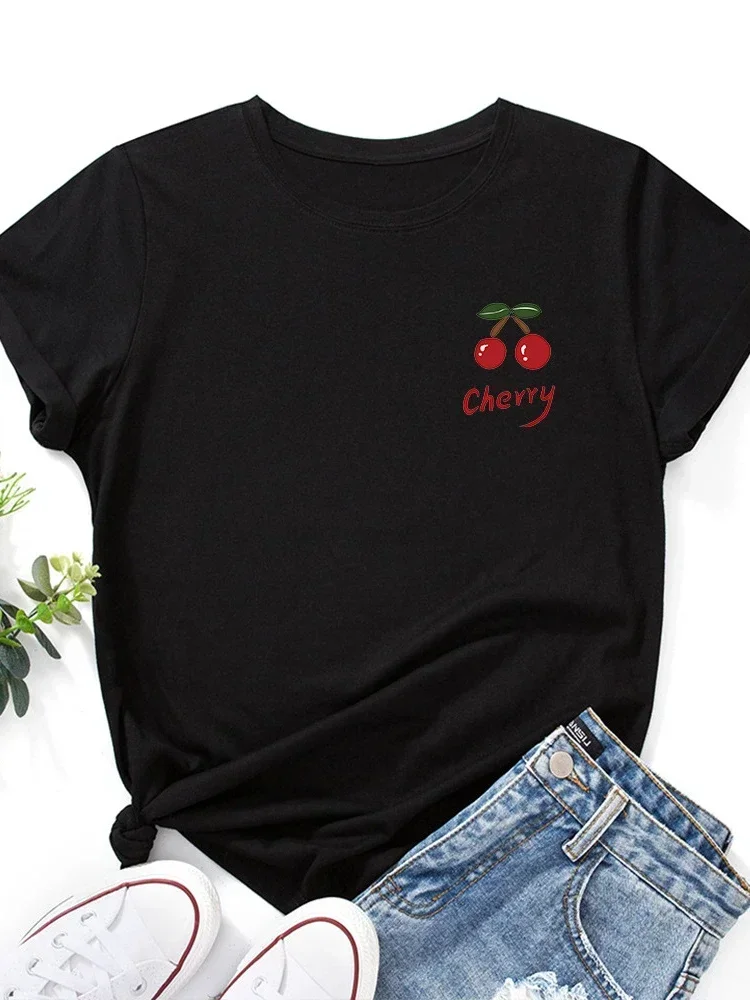 Camiseta feminina com estampa de cereja vermelha e peito manga curta gola redonda camiseta feminina