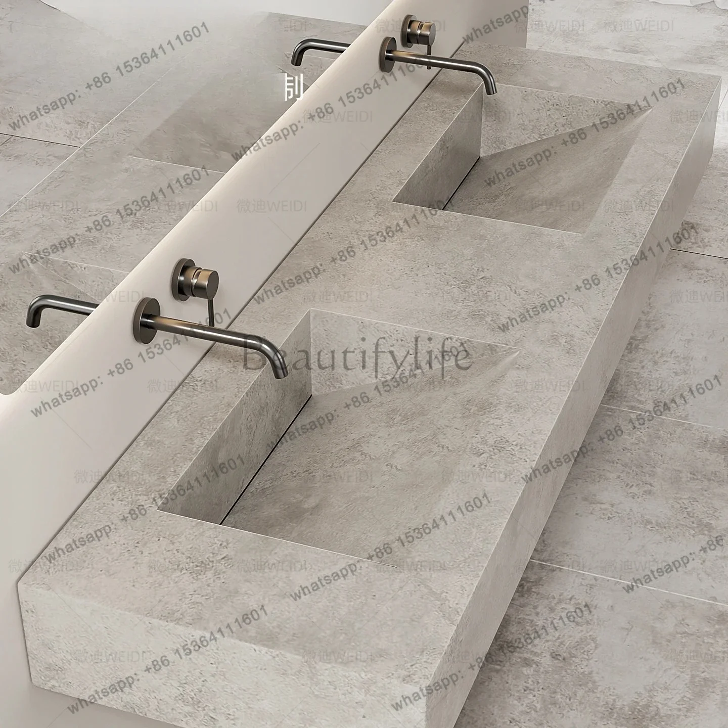 FGCustom Integrated Slab Bathroom Vanity Set with Slanted Basin Sink Single/Dual Basin Options for Washb Area