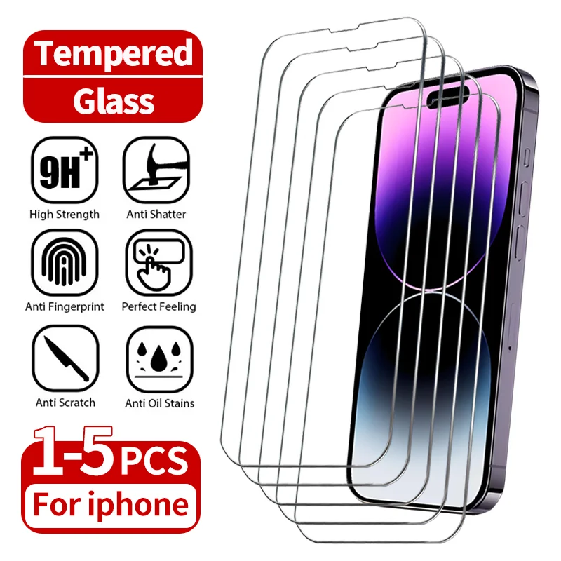 1-5Pcs Tempered Glass For iPhone 15 14 13 12 11 Pro Max Mini X XS XR 7 8 6 Plus Screen Protectors Film For iPhone SE 2020 2022