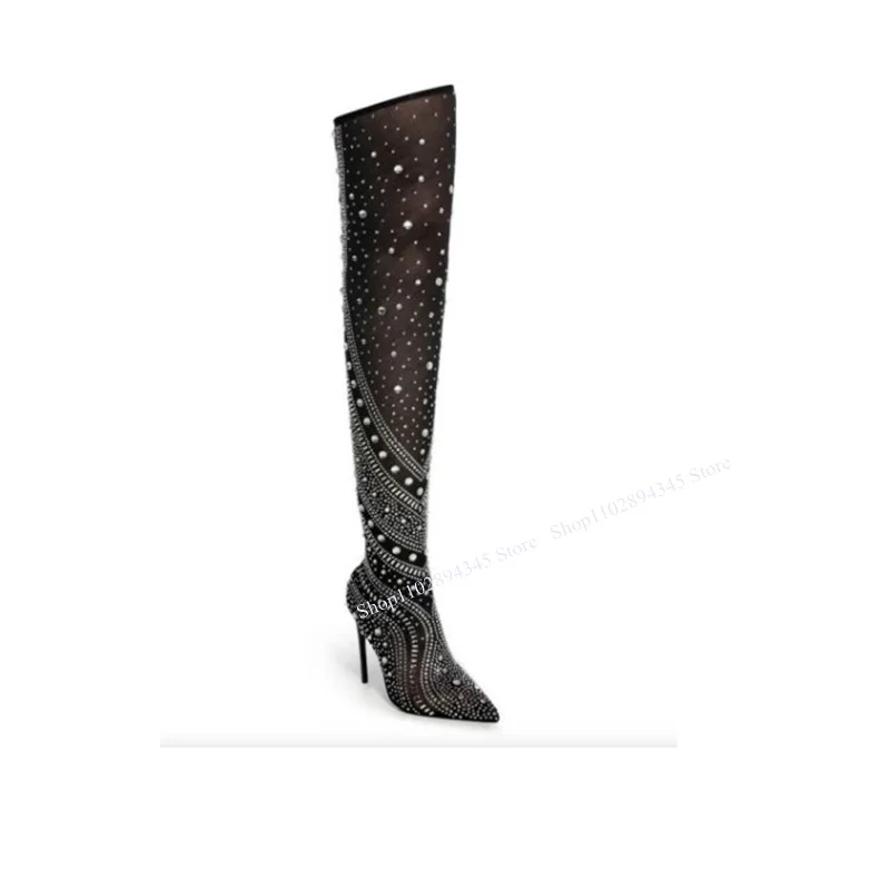 Black Crystal Mesh Over Knee High Boots Thin High Heel Fashionable Sexy 2023 Summer Casual Big Size Woman Shoes Zapatillas Mujer