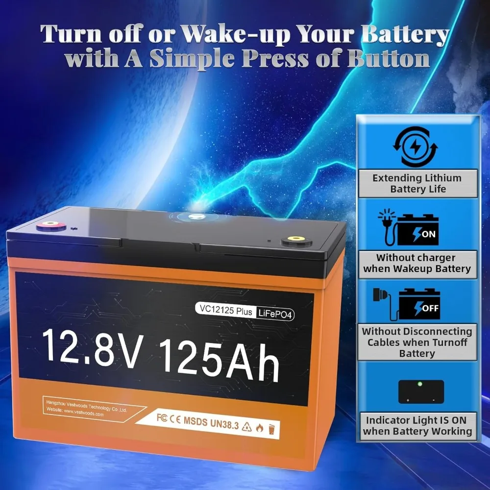 4Pack 12V 125Ah LiFePO4 Lithium Group 27 Battery 6000 Deep Cycles, Bluetooth APP and External Button, 1280W 100A BMS
