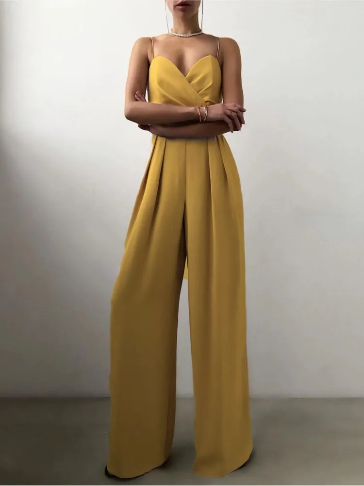 

Sleeveless High Waist Fashion Jumpsuit Wide Leg Sling Long Pants 2025 New Spring Summer Casual Outfit Solid Slim V Neck Jumpsuit