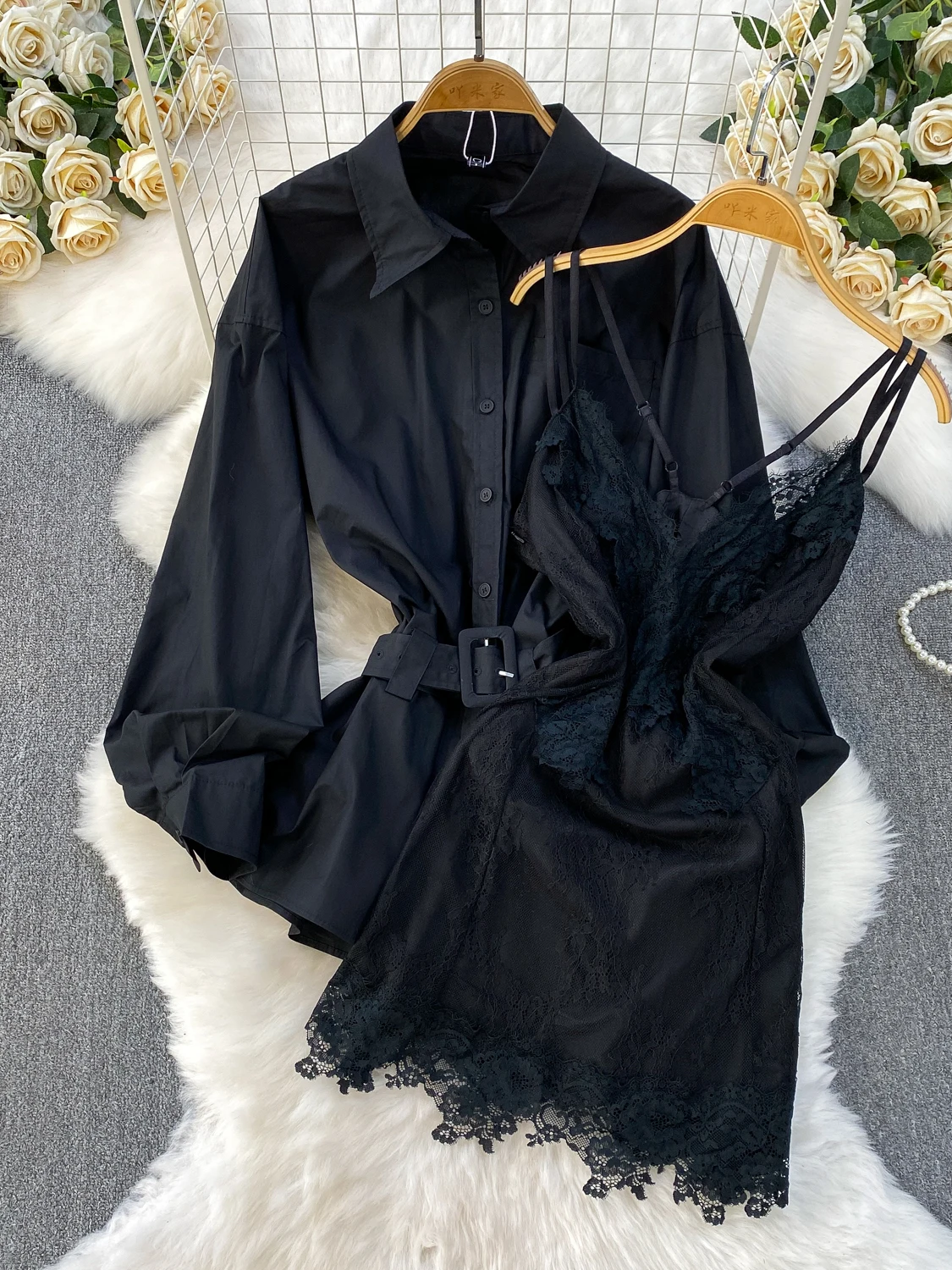 Ele Long Sve irt Set con cinturino in pizzo Collo alto ingombrante in vita Midi Dr Abbigliamento da lavoro sexy dimagrante Faion per donna