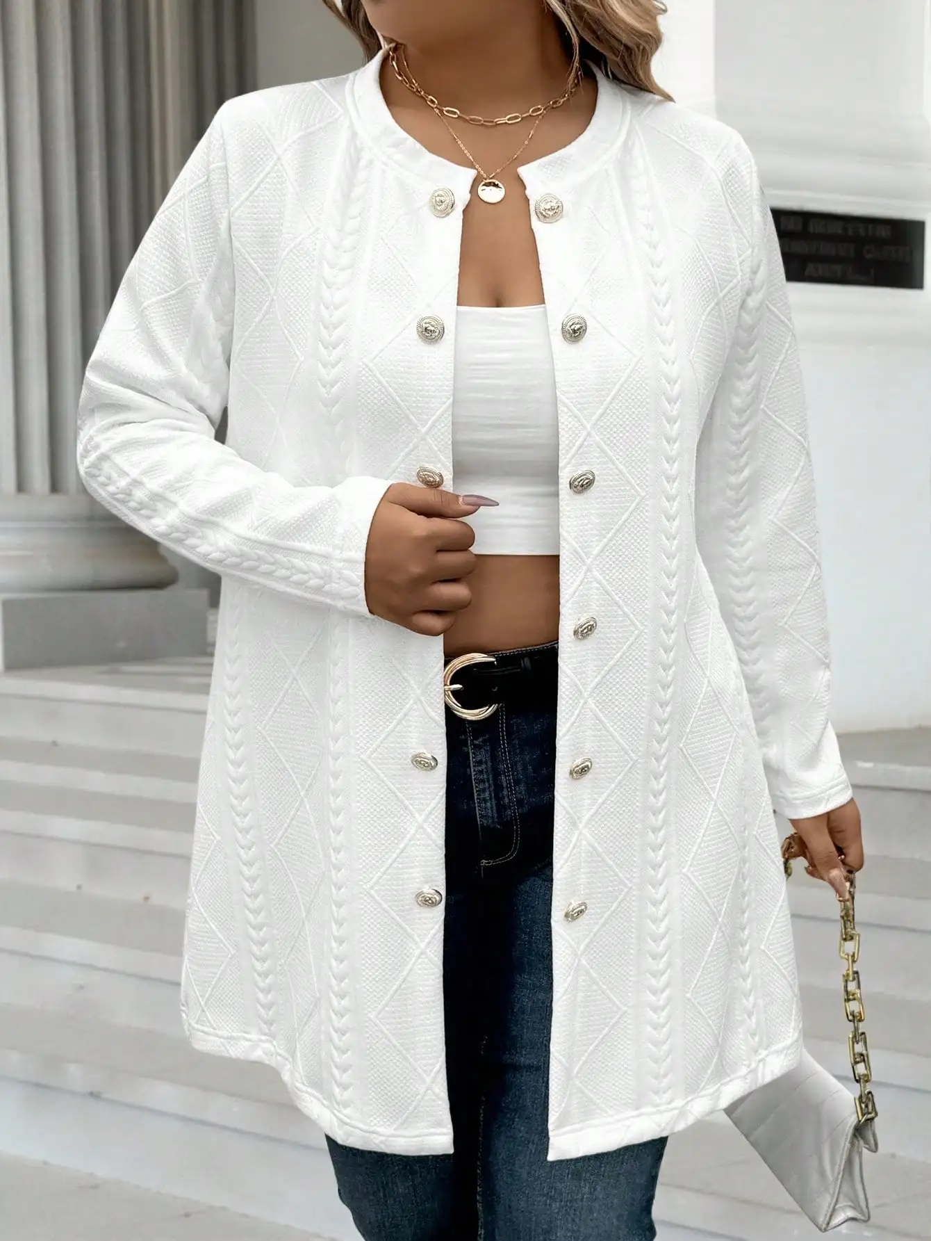 

White Plus Size Textured Button-Up Jacket for Women, Fall Winter Casual Style with Cable Knit Detail