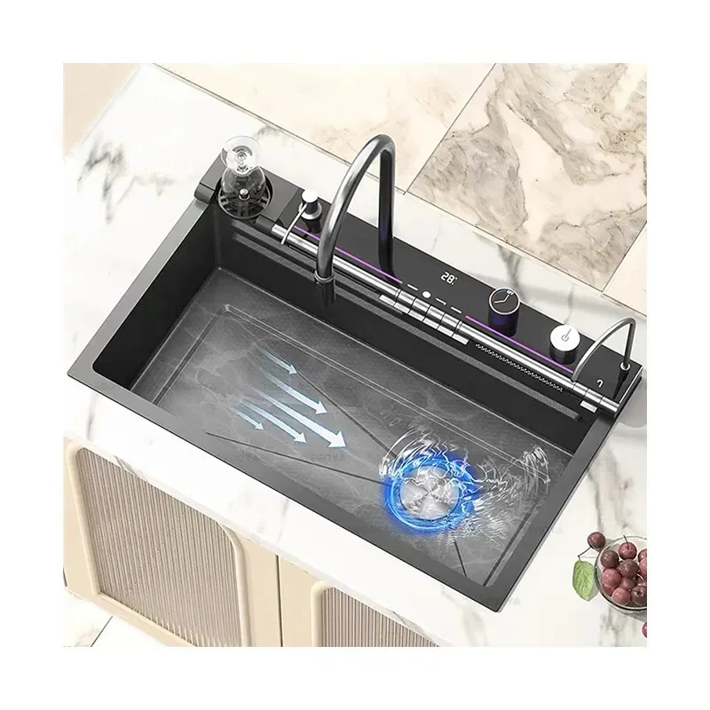 Commercial Restaurant Single Bowls Stainless Steel Waterfall Multifunctional Glass Rinser Smart Kitchen Sink
