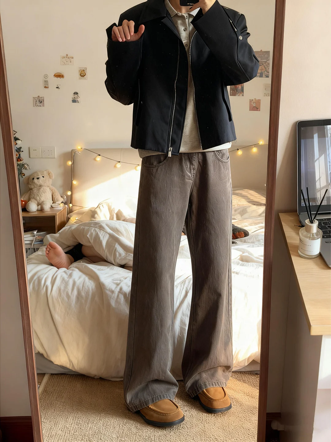 

Men's Fleece Lined Straight Leg Jeans Wide Leg Bootcut Trousers Autumn Winter High Street Style Comfortable Casual Denim Pants