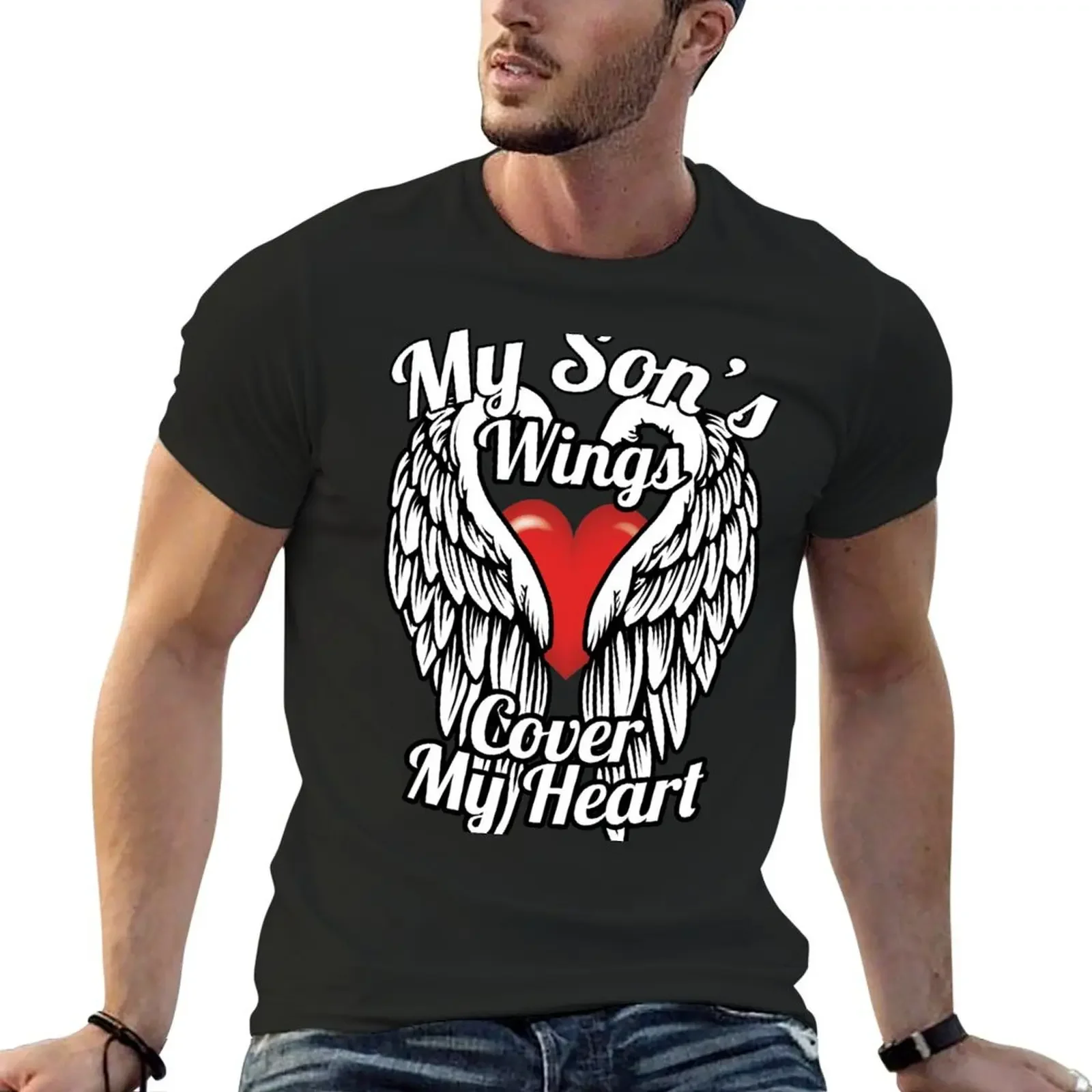 My Son's wings cover my heart T-Shirt tees customs vintage anime shirt mens cotton t shirts