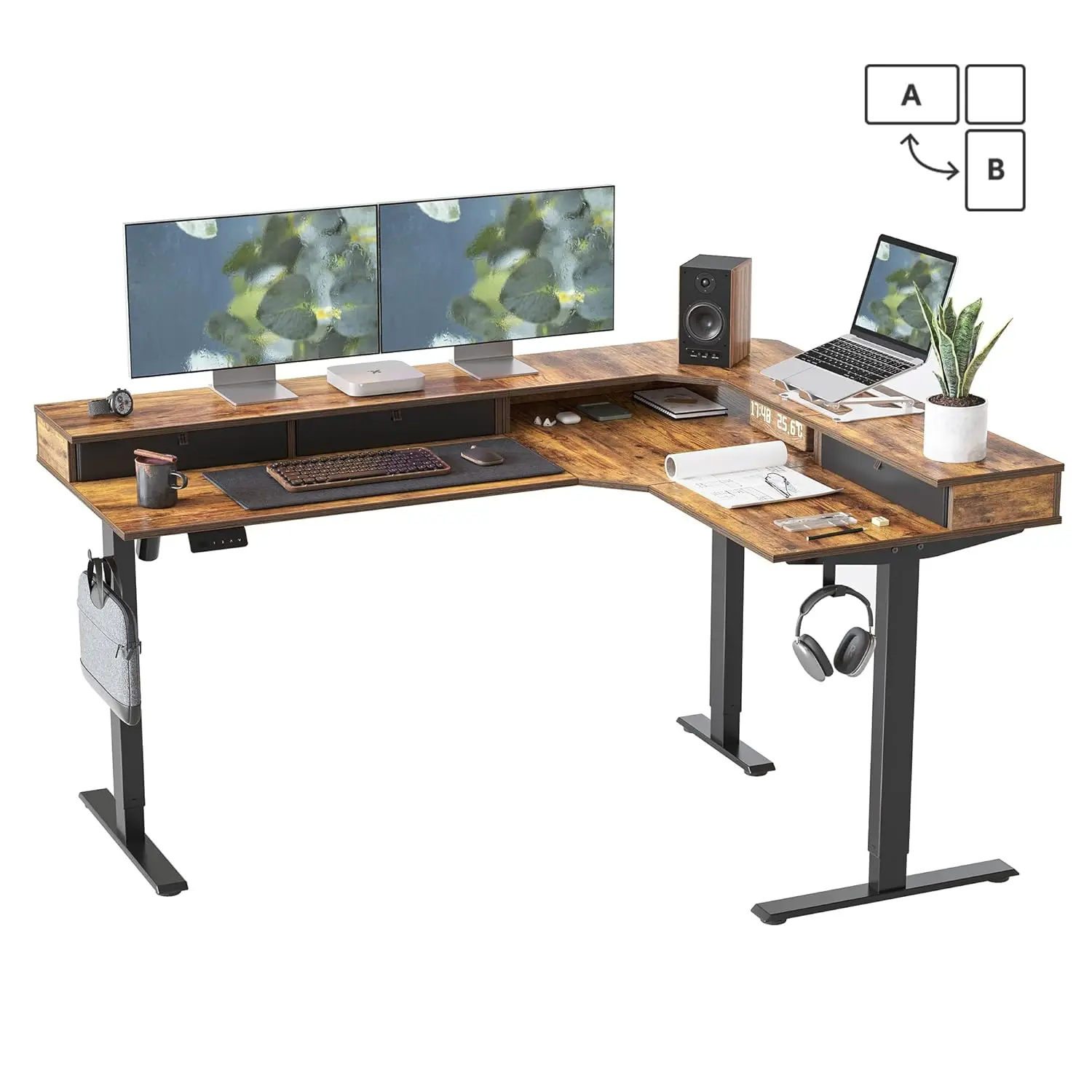 

L-Shaped Electric Standing Desk Height Adjustable Reversible Corner with Drawers 63x48 Rustic Brown, Customized
