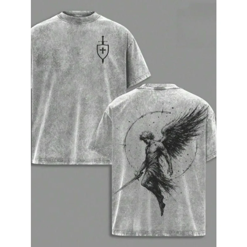 Herren-T-Shirt aus gewaschener Baumwolle mit Motiven des Erzengels Heiligen Michael * Flammenschwert * Schild * Gerechtigkeit und Ausgeglichenheit im gewaschenen Stil Set – Detail 4