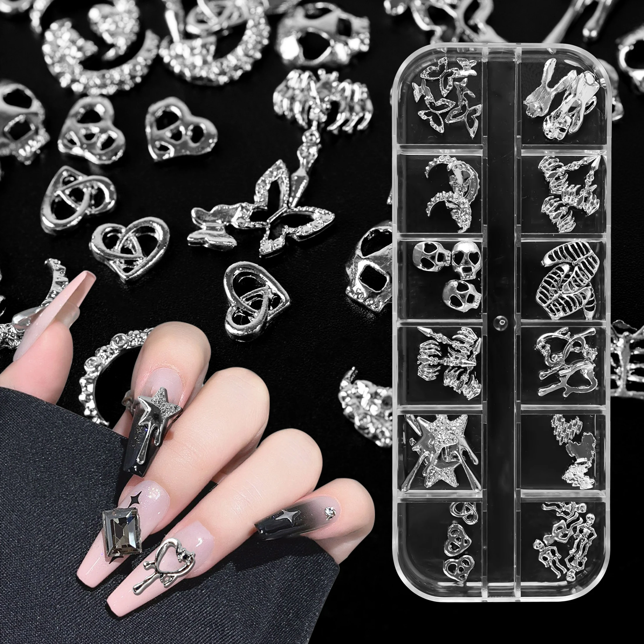 38PCS/Bag 3D Metal Alloy Nail Art Rhinestones Manicure Jewelry For DIY Nail Accessories Silver Punk Cross Shaped Nail Charms