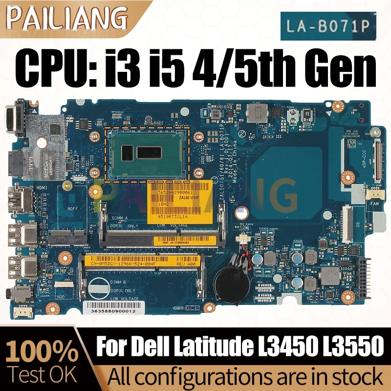 For DELL L3450 L3550 Notebook Mainboard  LA-B071P i3 i5 4/5th Gen 0TTRPW 019XXT 01WX80 0HKKT5 Laptop Motherboard Full Tested