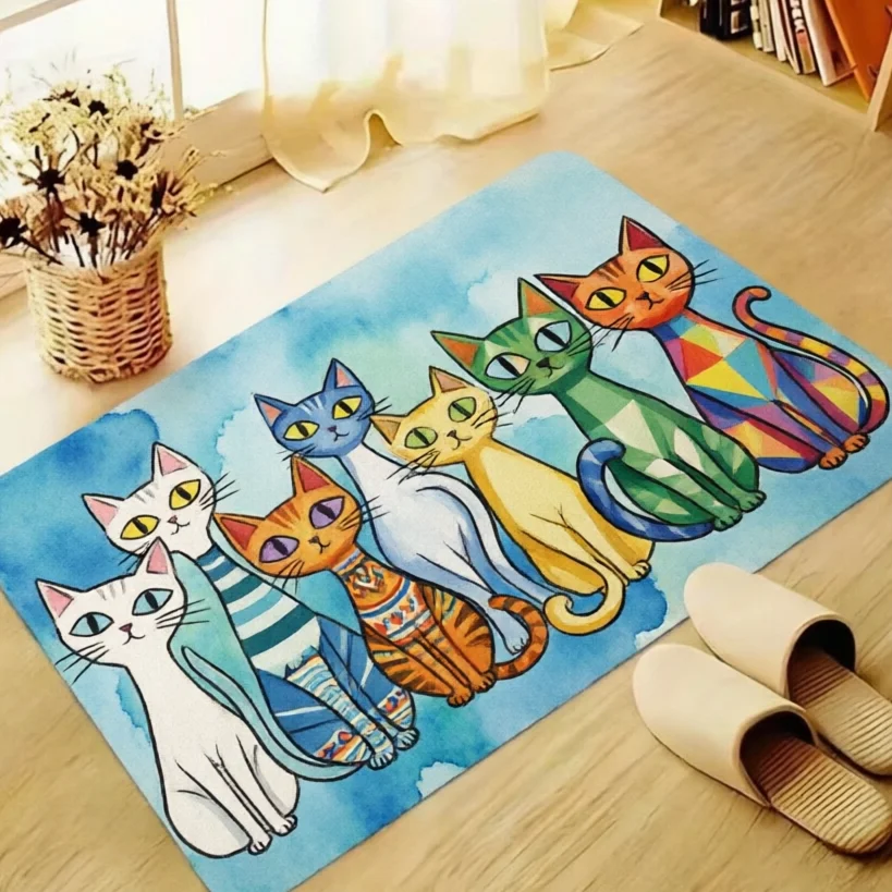 Watercolor Multi Color Cat Lineup Cute Pet Rug For Animal Lover Home Artistic Design Durable Indoor Floor Mat