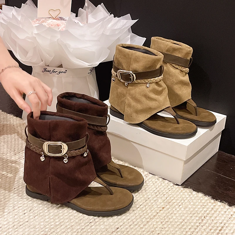 

Temperament Increases Inside High Wedge Roman Open-toe Sandals for Women 2026 Summer New Toe Buckle Mid-leg Pants Tube Boots
