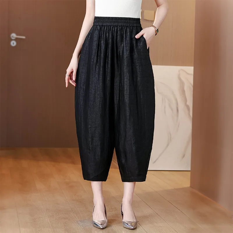 

Women Baggy Pants Korean Linen Cropped Trousers Black Wide Leg Harem Pants Solid Crop Pants