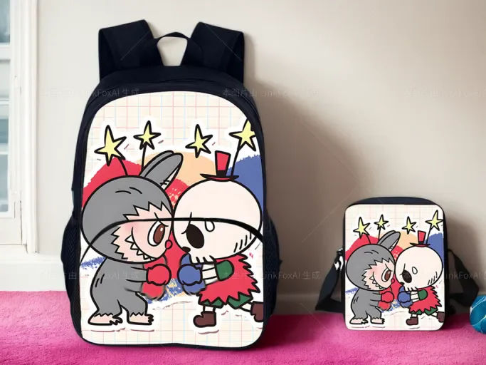 

Unisex Kids Waterproof Backpack+Side Bag Set,Labubu Lightweight Book Bag Caetoon Daypack for Travel,School