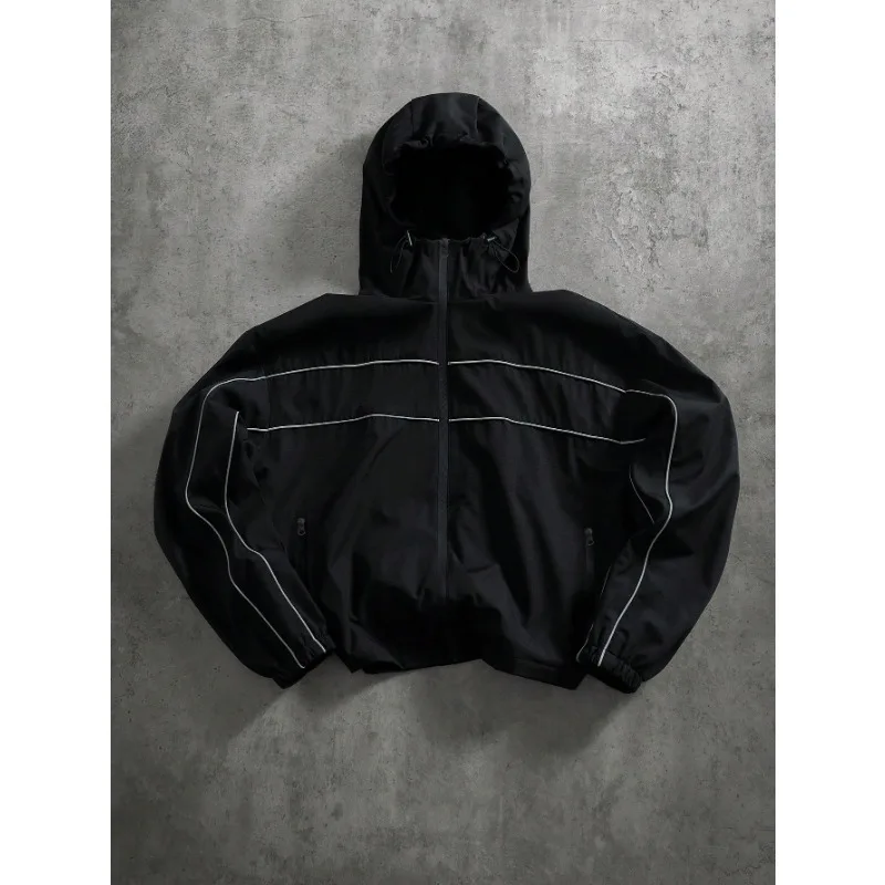 High Street Techwear Jacket Men Reflective Striped Hooded Jackets Loose Casual Coat Spring Autumn Trending Outerwear Streetwear