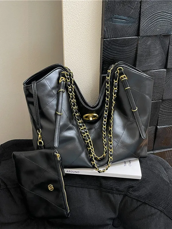 

Large Capaci Leather Chain Tote Bag Women's 2025 New Summer Luxury mat High-End Single oulder Commuter Bag