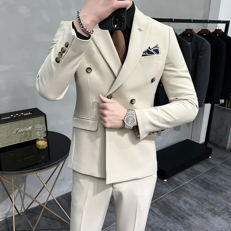 ( Jacket + Pants ) Brand Solid Color Formal Casual Business Office Double Buttons Suit Two-pcs Set Groom Wedding Dress Party