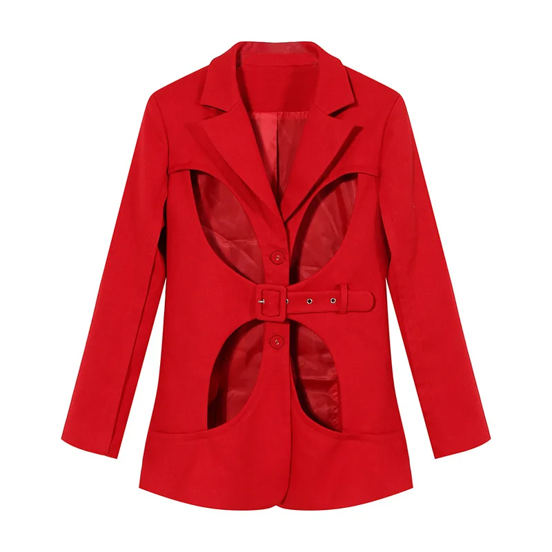 

Red Suit Women's Coat Niche Luxury Dress for Annual Meeting & Dinner Party Hollowed Out Jacket