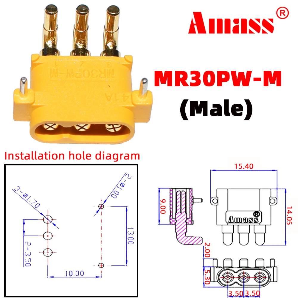 10PCS AMASS MR30PW MR-30 PCB 3-pin PCB Male Female 2mm Bullet Connectors Plugs For RC Lipo Battery Multicopter Airplane Car Toys