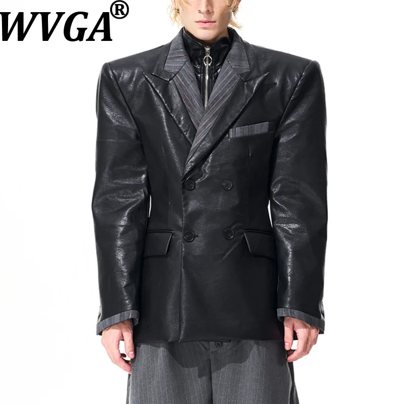 

WVGA Autumn Winter New Man Fake Two-Piece PU Leather Long Sleeve Blazer Niche Chic Casual Turn-Down Collar Suit Coats Ins W14402