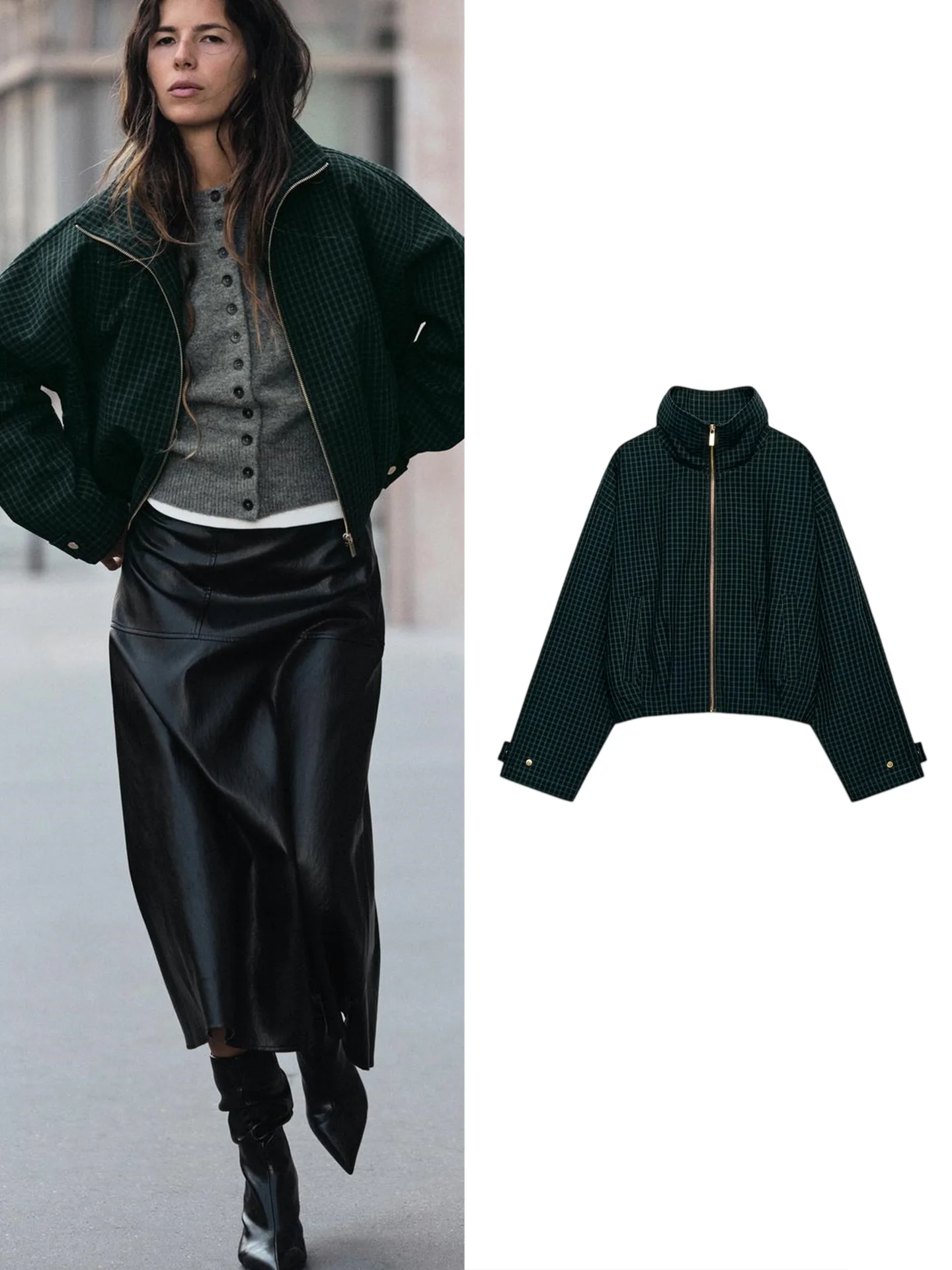 Autumn New Women's Stand Collar Long Sleeve Pleated Hem Short Plaid Pilot Jacket Coat Casual Style Standard Fit Polyester Fiber