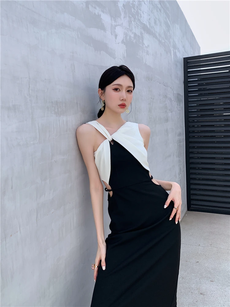 CHEERART Designer Cut Out Long Summer Dress Women 2024 Black And White Patchwork A Line Modest Ladies Midi Dress