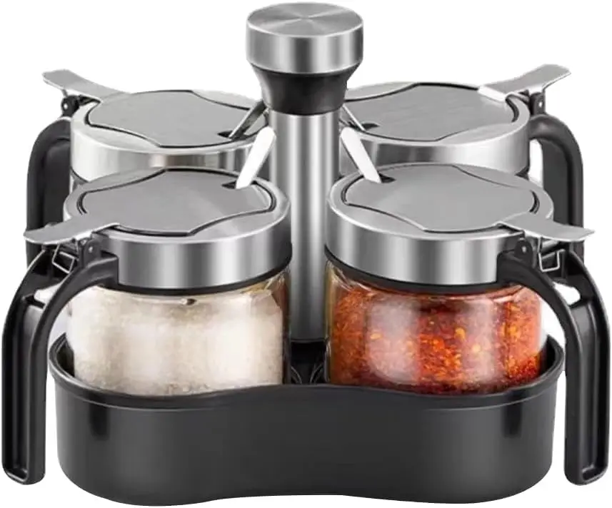 

Revolving Condiment Pots Sugar Bowl Salt & Pepper Cellar with Lid and Spoon, Set of 4 Seasoning Box Spice Jar with 360 Rotating