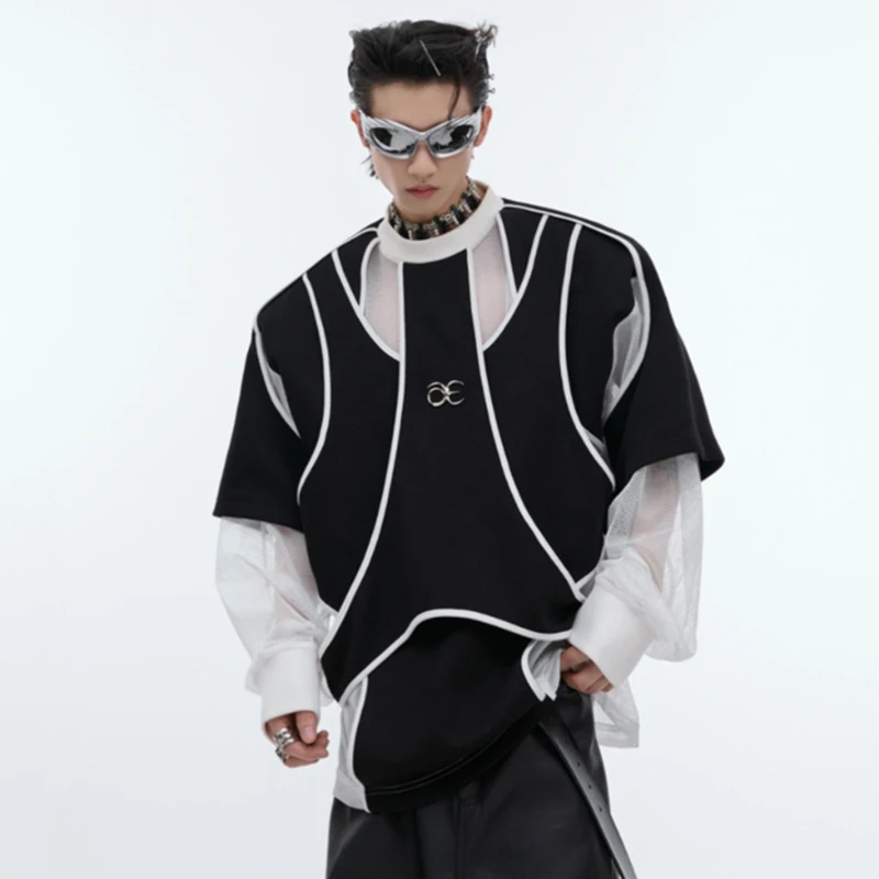 IEFB Personality Metal Patchwork Male Top New Stylish Fake Two-piece Design Shoulder Pad Long Sleeve O-Neck Sweatshirt 24E1812