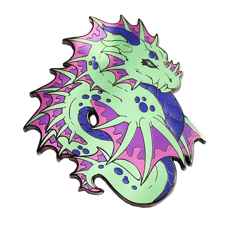 Customize Purple And Green Mighty Dragon Lapel Pin Cartoon Handsome Animals Hard Enamel Black Nickel Metal Badge For Friend Gift