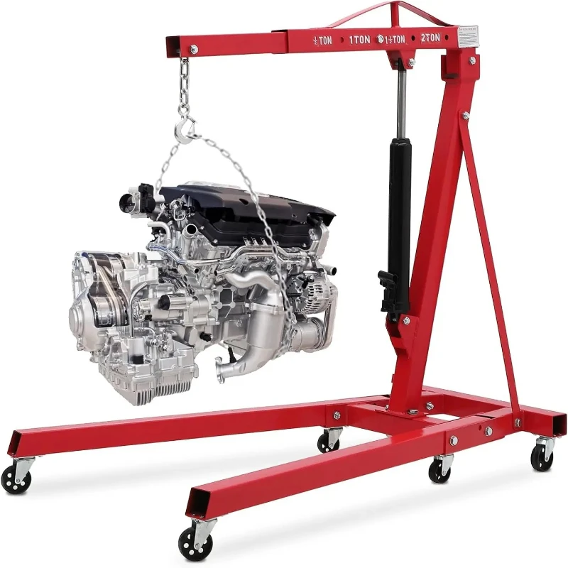 2 Ton Folding Engine Crane, 4400LBS Capacity Hydraulic Hoist Cherry Picker With Telescope Boom & 6 Caster For Automotive Repair