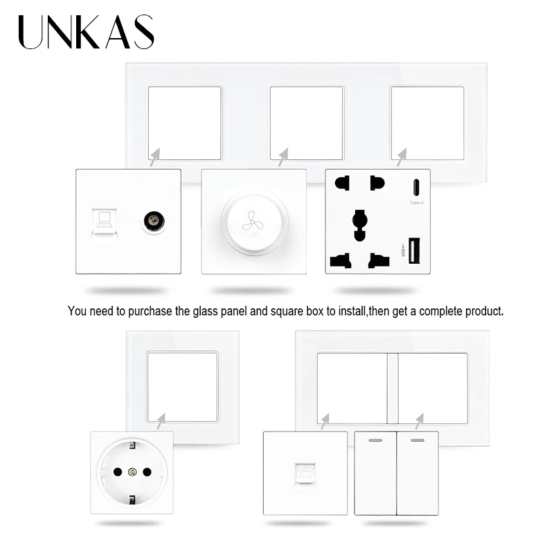 UNKAS White Glass Panel Modules Combination Free French EU Socket TypeC USB Footlights Fan Satellite Outlet DIY Matching