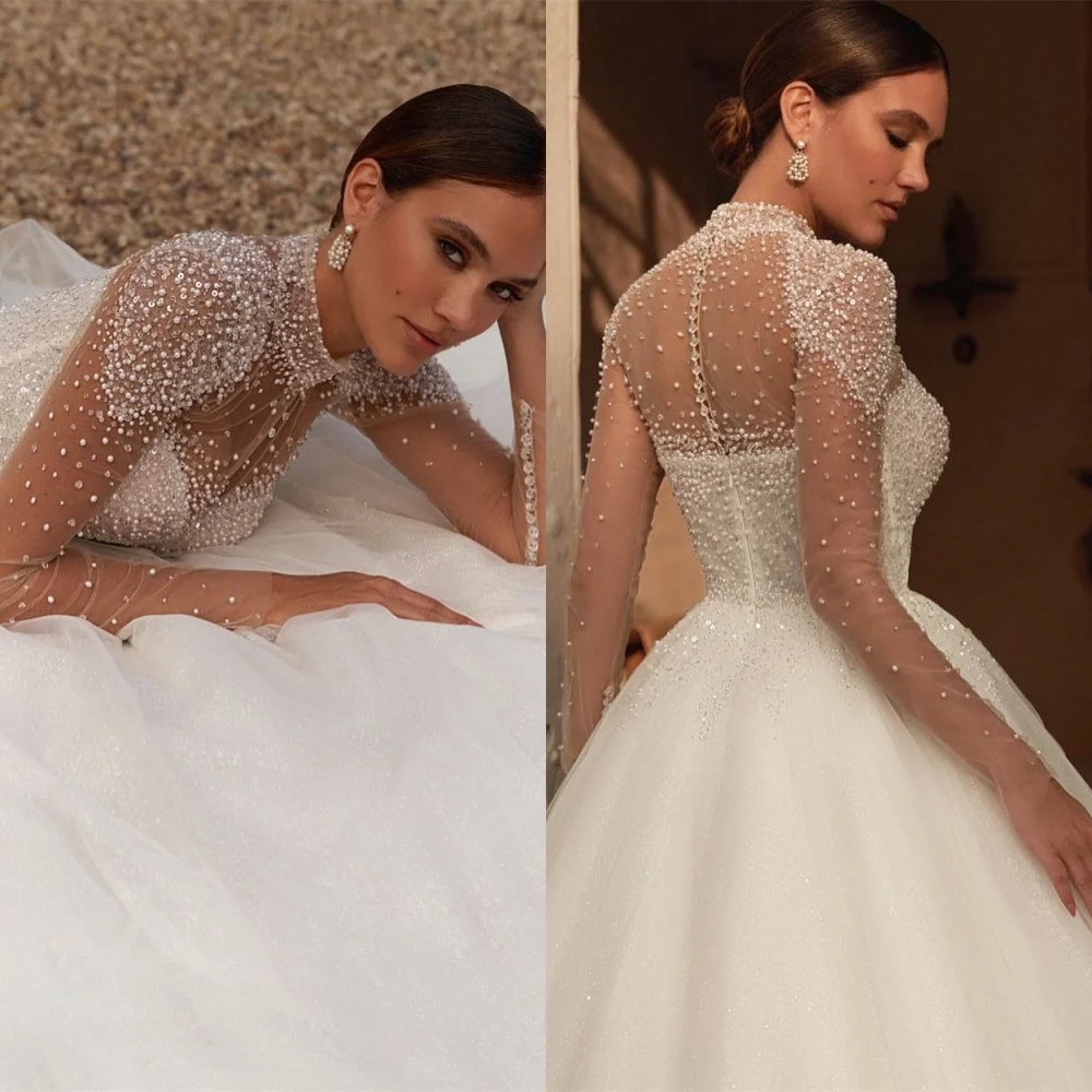 Gaun Pengantin Organza Putih Kustom Gaun Pengantin Lengan Panjang Leher Kru Elegan Gaun Pengantin Kancing Belakang Klasik Vestido De Novia