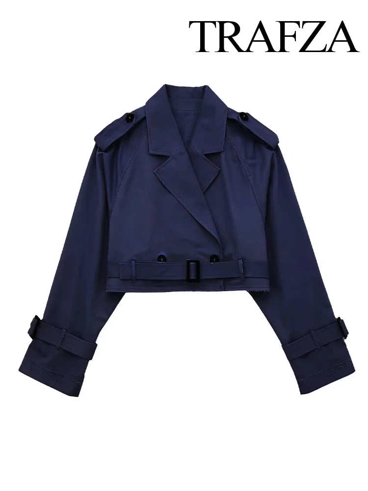 TRAFZA Spring Sutumn Women Fashion Cropped Trench With Belt For Female Long Sleeve Lapel Collar Jacket Single Button Streetwear