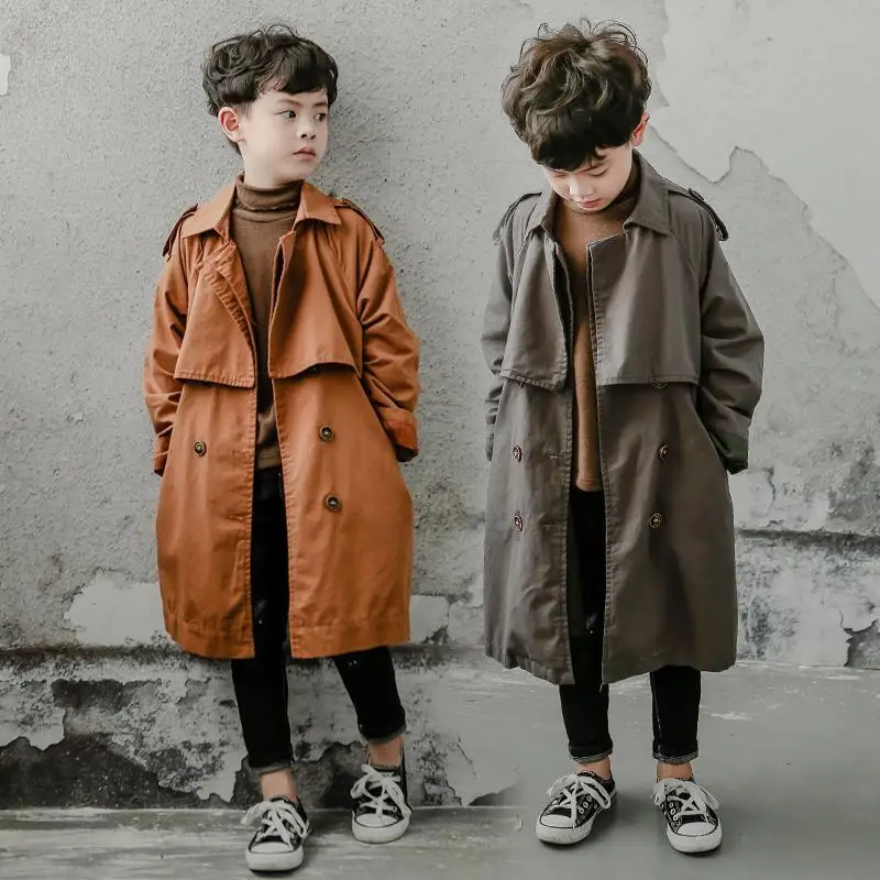 

Children Boys Spring Autumn Thin Double Breasted Jackets Solid Turn-down Collar Mid-Length Trench 2023 New Fashion Coats Korean