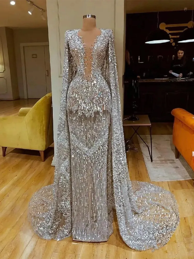 

Sparkly Mermaid Evening Dresses V Neck Long Sleeves Capes Sequins Lace Beaded Diamonds Appliques Sexy Prom Dresses Custom Made