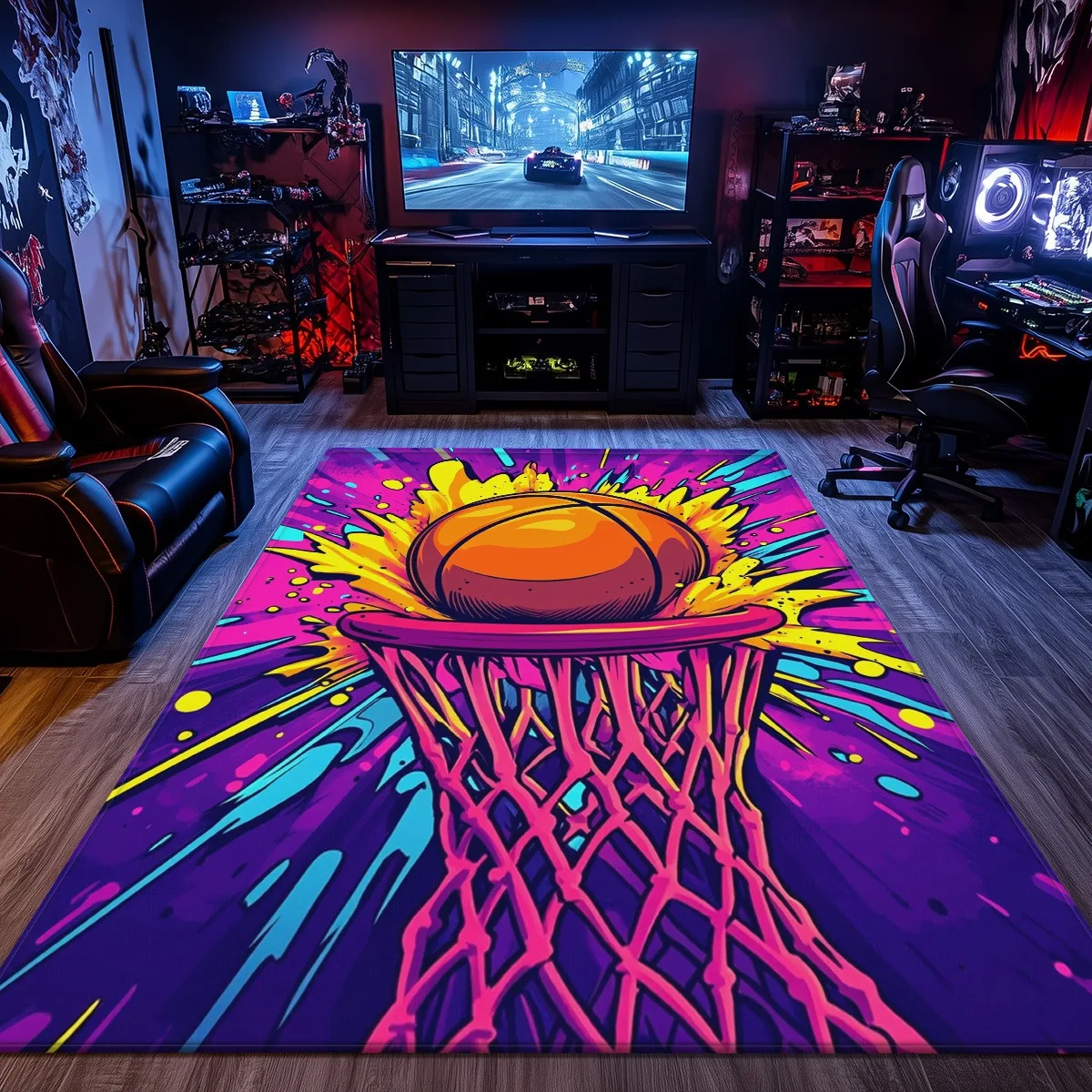 

Basketball hoop explosionpattern crystal velvet rug sports fan room decoration vibrant color game room carpet anti slip soft rug