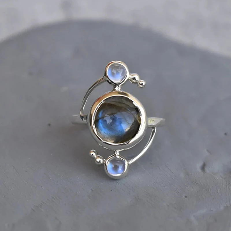 Inspired Round Shaped Labradorite Three Stone Ring Sterling Silver Plated Adjustable Copper Rings for Woman Girl Promise Gifts