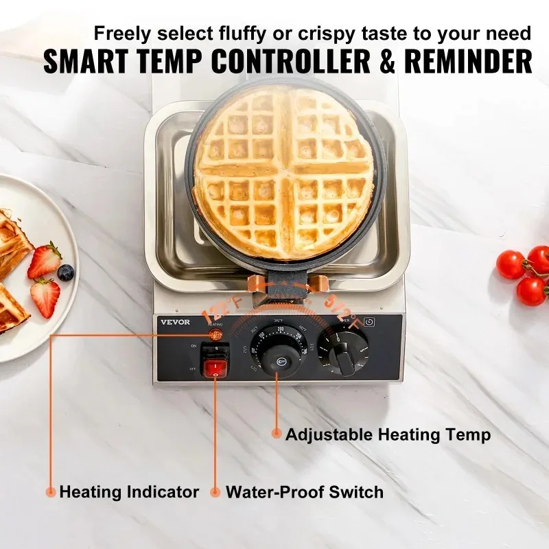 【Premium】SucceBuy Electric Waffle Maker Stainless Steel Round Waffle Iron Non-Stick Waffle Baker  hine Teflon-Coated Baking Pans